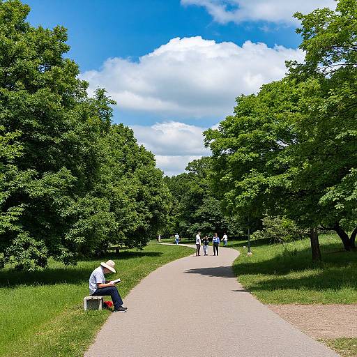 Photograph of a sunny park path, green trees, blue sky with white clouds, elderly person in hat and white shirt sitting on bench, others walking