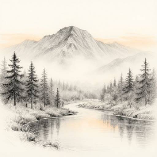 Monochrome digital drawing of a serene mountain landscape with tall pine trees, a reflective river, and a misty mountain peak.