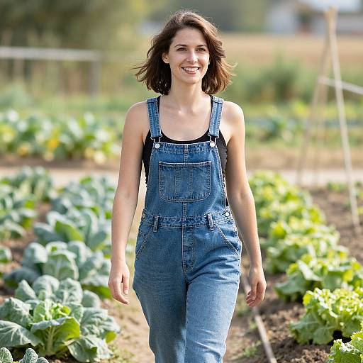 Photograph of a smiling, brown-haired woman in blue denim overalls walking through a sunlit vegetable garden with green leafy plants.