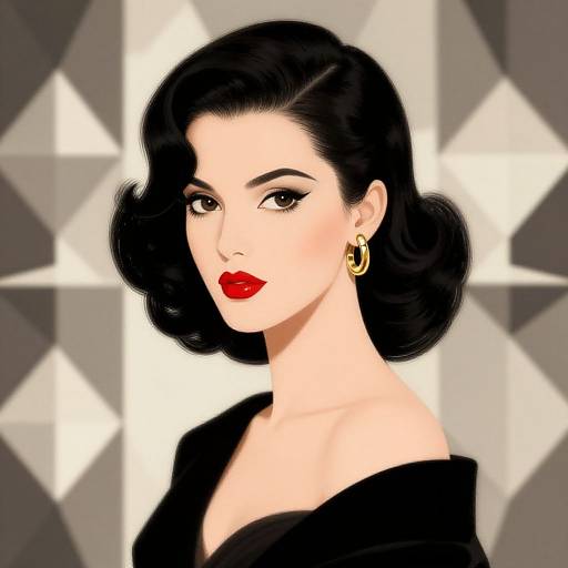 Digital illustration of a glamorous woman with black, wavy hair, red lipstick, gold hoop earrings, and a black off-shoulder top. Ge