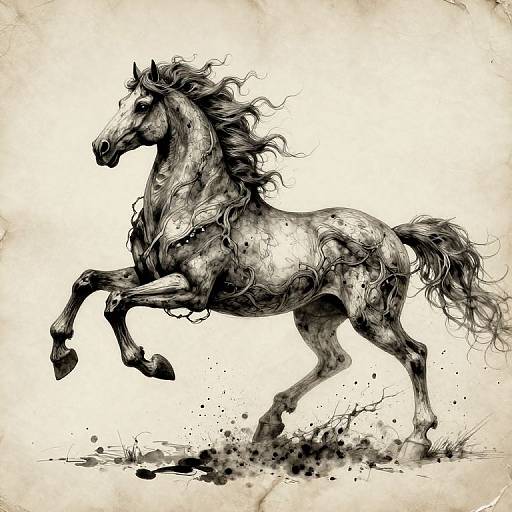 Ink drawing of a dynamic, rearing black horse with flowing mane and tail, detailed shading, and splashes at the hooves.