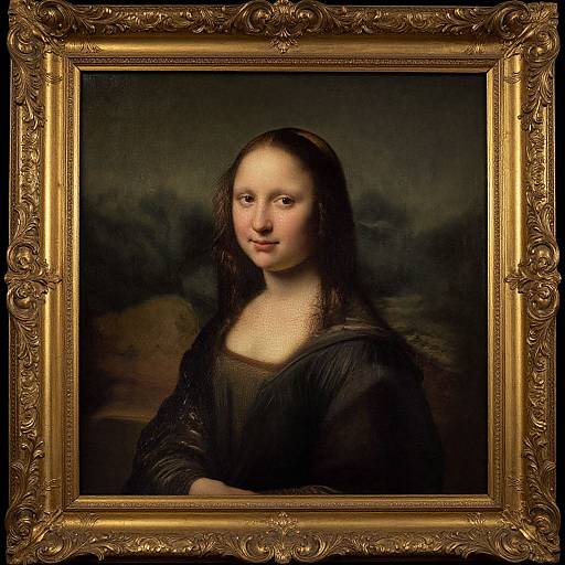Mona Lisa portrait by Leonardo da Vinci, Renaissance art, woman with enigmatic smile, dark dress, ornate gold frame, dark background.