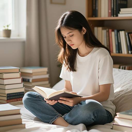 Photograph of an Asian woman with long dark hair, wearing a white t-shirt and blue jeans, sitting on a sunlit bed reading a book,
