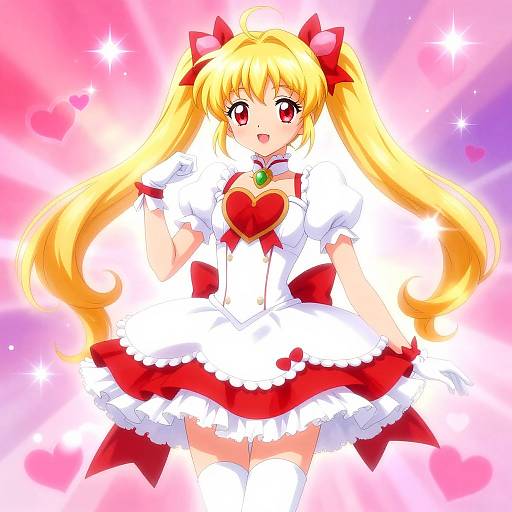 Digital anime-style artwork of a blonde girl with long twin-tails, red eyes, wearing a white and red frilled magical girl outfit, with a