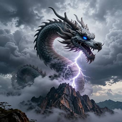 Digital painting of a fierce, blue-eyed, lightning-breathing dragon with dark scales and sharp horns, emerging from jagged mountains amidst stormy clouds.