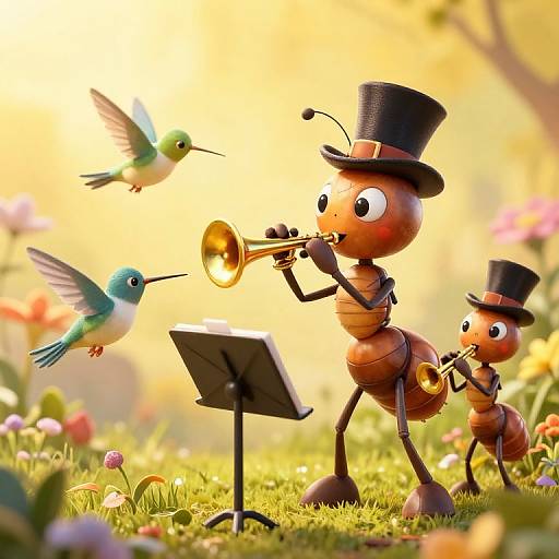 CGI image of two anthropomorphic ants in top hats, one playing trumpet, one playing accordion, with a hummingbird singing. Bright, sunny me