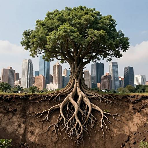 Photograph of a large tree with extensive roots extending underground, set against a backdrop of a modern city skyline with skyscrapers.