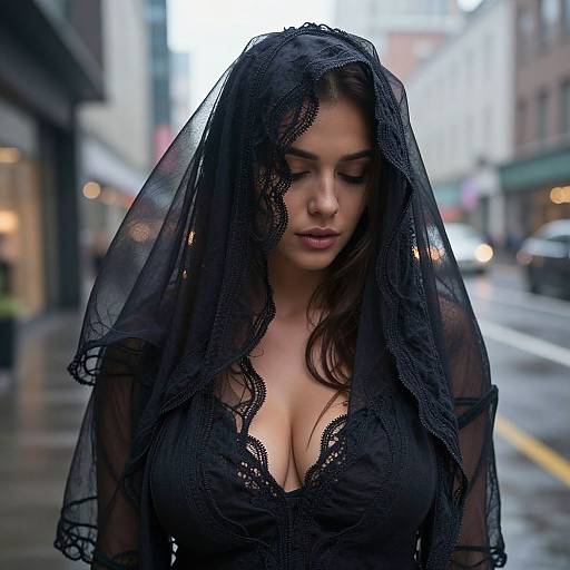 Photograph of a young woman with long black hair, wearing a sheer black lace veil and low-cut lace dress, standing on a rainy city street.