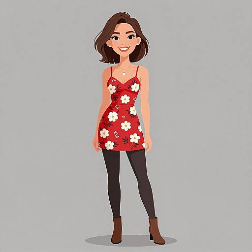 Cartoon woman with short brown hair, wearing a red floral dress, black leggings, and brown boots, smiles against a light blue background.