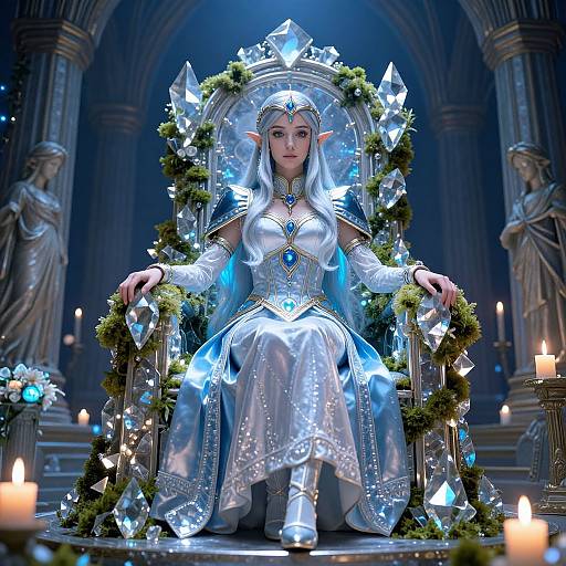 Digital artwork of an elf queen with long white hair, silver dress, and star crown, seated on a crystal throne in a candlelit, cathedral-like