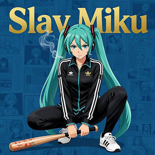 Digital anime drawing of Hatsune Miku with turquoise hair, squatting, smoking, wearing black Adidas tracksuit, white sneakers, and baseball bat.