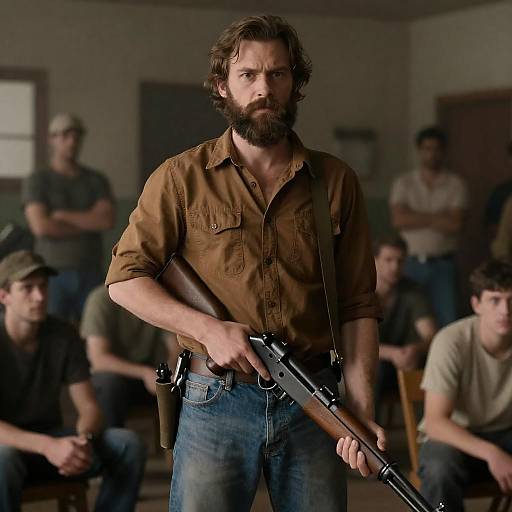 Bearded Man with Rifle in Dim Room