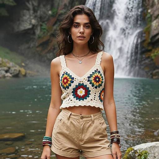 Photograph of a brunette woman with medium skin, wearing a crocheted, floral-patterned top and beige shorts, standing in front of a waterfall