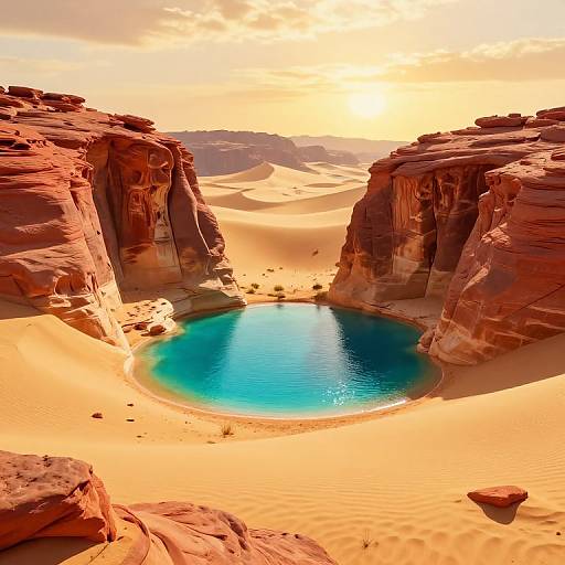 Photograph of a serene, turquoise oasis nestled between towering, red sandstone cliffs in a sunlit desert with rippling sand dunes.
