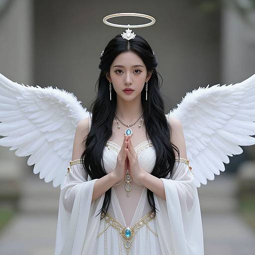 Digital artwork of an ethereal angelic woman with long black hair, white feathered wings, halo, and white gown, hands in prayer, blue