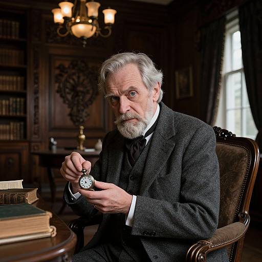 Photograph of an older man with gray hair and beard, wearing a black suit, holding a pocket watch, in a dimly lit, ornate