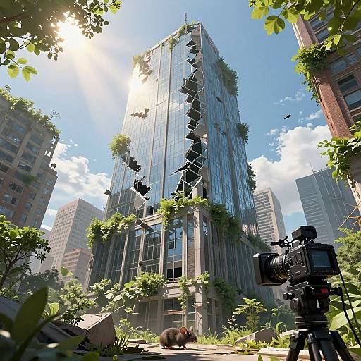 Photograph-like CGI of a sunlit, glass skyscraper with cracked windows, surrounded by overgrown greenery and urban buildings. A professional camera on