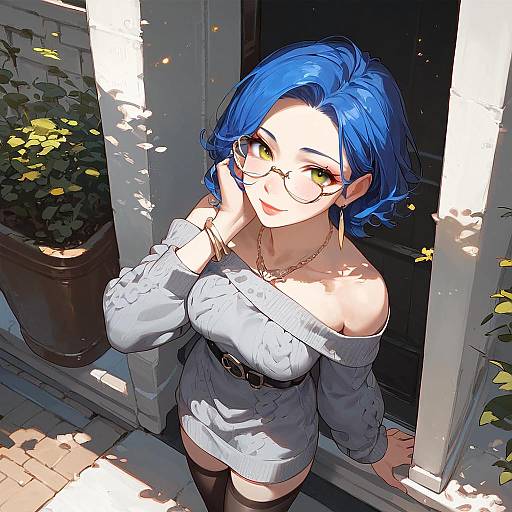 Charming Blue-Haired Girl Outdoors