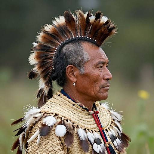 Photograph of an elderly Native American man with dark brown skin, gray hair, wearing a large feathered headdress and traditional beaded clothing, facing