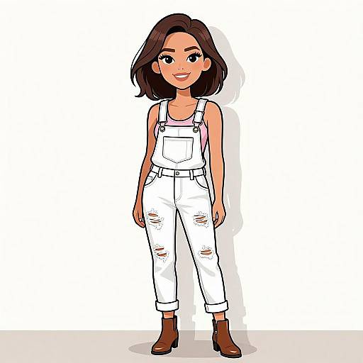 Digital illustration of a smiling young woman with medium skin tone, brown bob haircut, wearing white ripped overalls, pink tank top, brown boots, standing