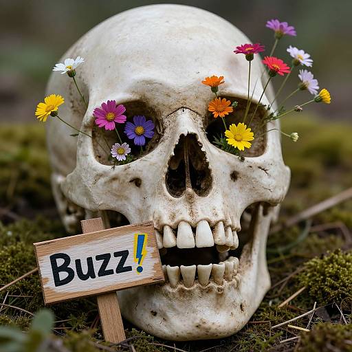 Photograph of a white skull adorned with colorful flowers in its eye sockets, holding a wooden sign with 