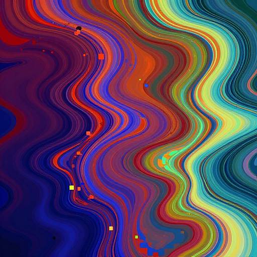 Abstract digital artwork featuring vibrant, wavy, multicolored bands of red, blue, yellow, and green with small, scattered squares.