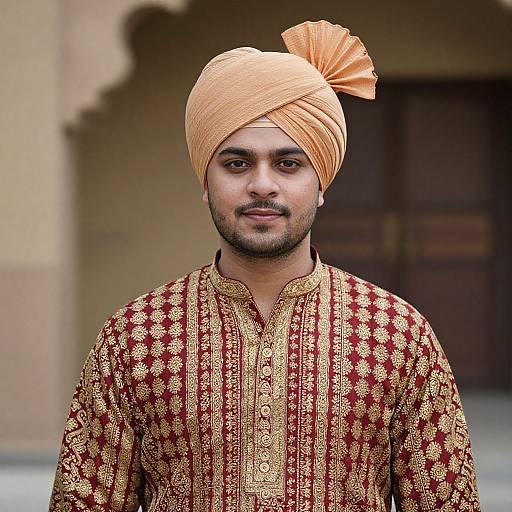 Photograph of a South Asian man with medium skin tone, trimmed beard, wearing an orange turban and ornate red and gold traditional shirt, standing