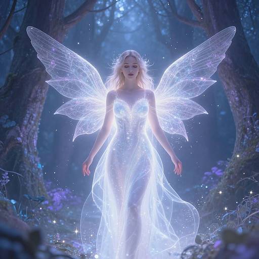 Photograph of a glowing, ethereal fairy with translucent wings, wearing a radiant, white, flowing dress, standing in a mystical forest illuminated by soft