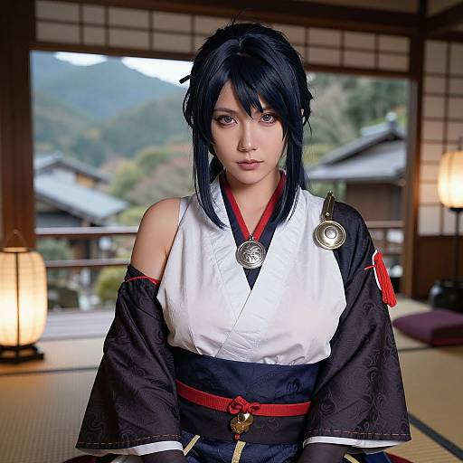 Photograph of an East Asian woman with black hair in traditional Japanese samurai attire, standing in a wooden room with mountain views, wearing a white and