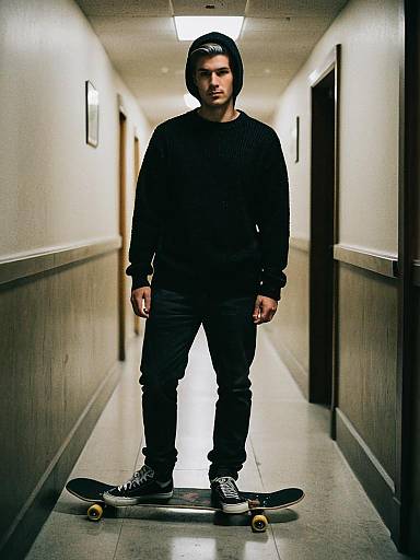 Man in Black Sweater with Skateboard