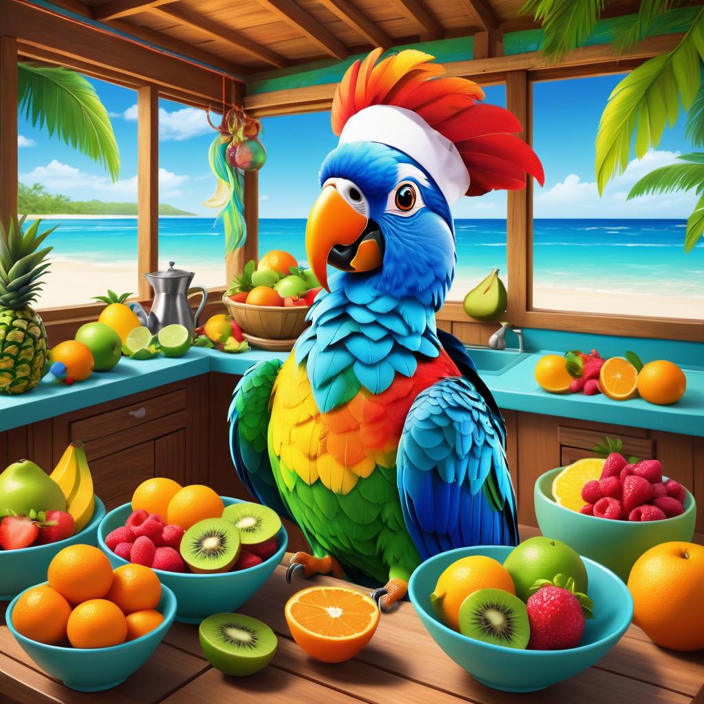 Cartoon Parrot Chef Making Fruit Salad