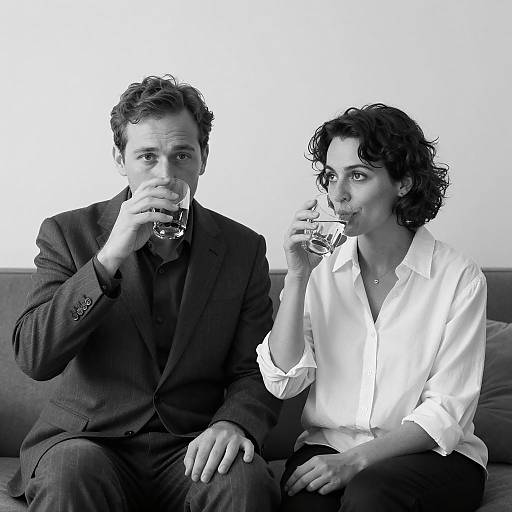 Black and White Portrait of Couple Drinking Water