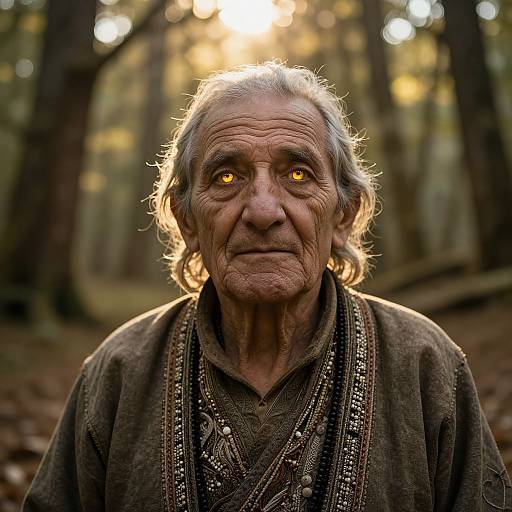 Photograph of an elderly man with glowing yellow eyes, gray hair, wrinkled face, wearing a dark, beaded, forest-themed garment, standing