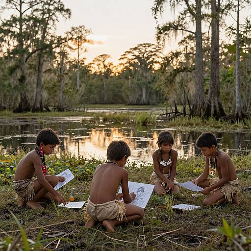 Photograph of four shirtless Indigenous boys with grass skirts, beaded necklaces, drawing on papers by a sunset-lit, tree-lined river.
