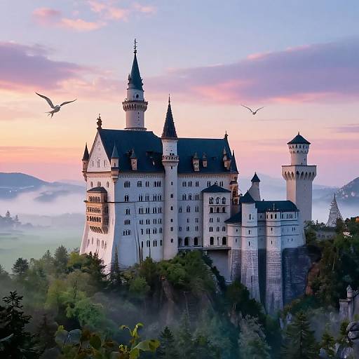 Photograph of a majestic, white, Gothic-style castle with multiple towers, set against a pink and blue sunset sky, surrounded by mist, trees,