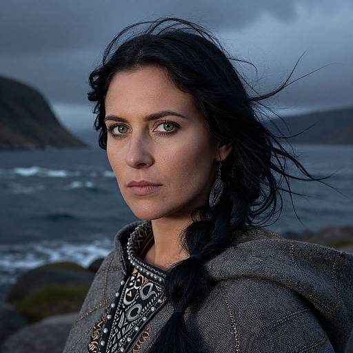 Photograph of a pensive, fair-skinned woman with dark, wind-swept hair, wearing a gray cloak and intricate necklace, against a