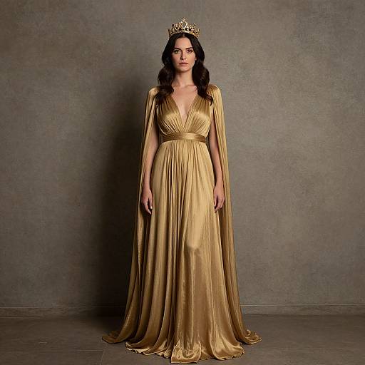 Photograph of a brunette woman with fair skin wearing a golden, V-neck, floor-length gown with sheer sleeves, and a gold crown, standing against