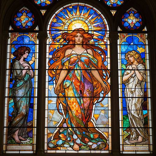 Vibrant stained glass triptych: central figure with sun halo, flowing orange dress; flanked by two robed figures in blue and white