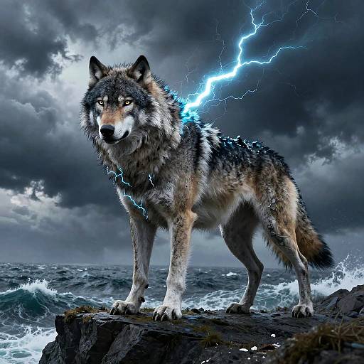 Digital art of a fierce, electric-blue lightning-encircled wolf standing on a rocky shore, with dark storm clouds and turbulent waves in the background