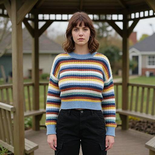Photograph of a young woman with shoulder-length brown hair, wearing a colorful striped sweater and black pants, standing on a wooden gazebo in a suburban