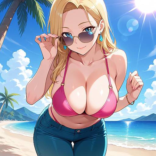 Blonde Woman in Pink Bikini Top on Tropical Beach