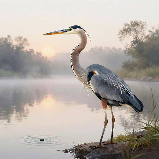 Calm Blue Heron Fishing at Dawn