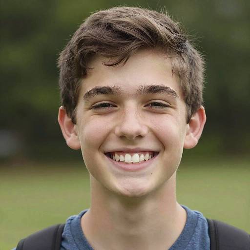 Photograph of a young Caucasian boy with short brown hair, smiling widely, wearing a blue shirt, in a green outdoor setting.
