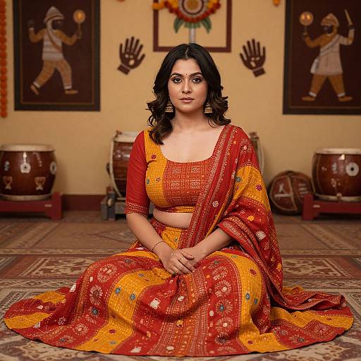 Photograph of a South Asian woman with dark hair, wearing a vibrant red and orange traditional saree, seated in a traditional room with musical instruments and