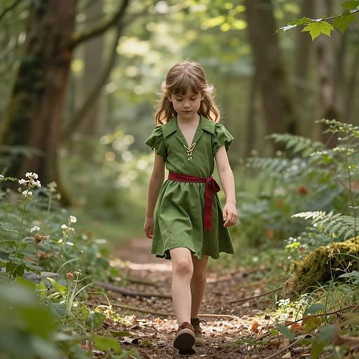 Young Girl in Green Dress Walking in Forest