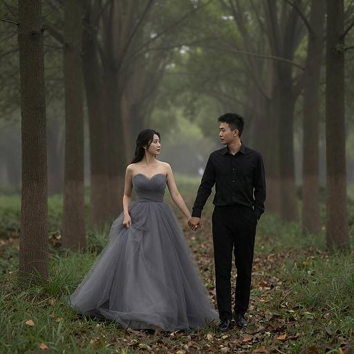 Misty Forest Couple in Tulle Gown