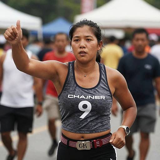 Photograph of a muscular Asian woman with black hair, wearing a gray 