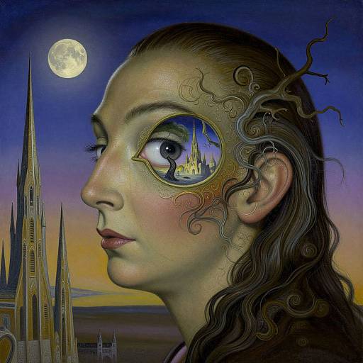 Digital surreal portrait of a woman with reflective eye showing a castle, moonlit twilight sky, and intricate, swirling textures on her face.
