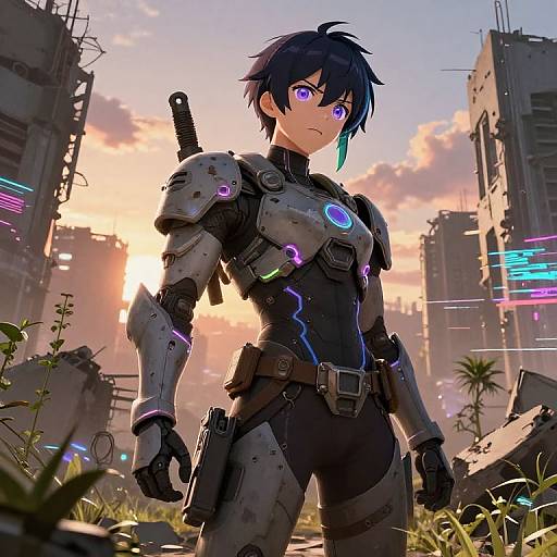 Anime AI Warrior in Ruined City