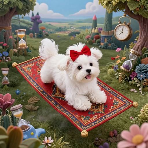 Photorealistic digital artwork of a fluffy white puppy with a red bow, lying on an ornate red rug, in a whimsical, colorful garden